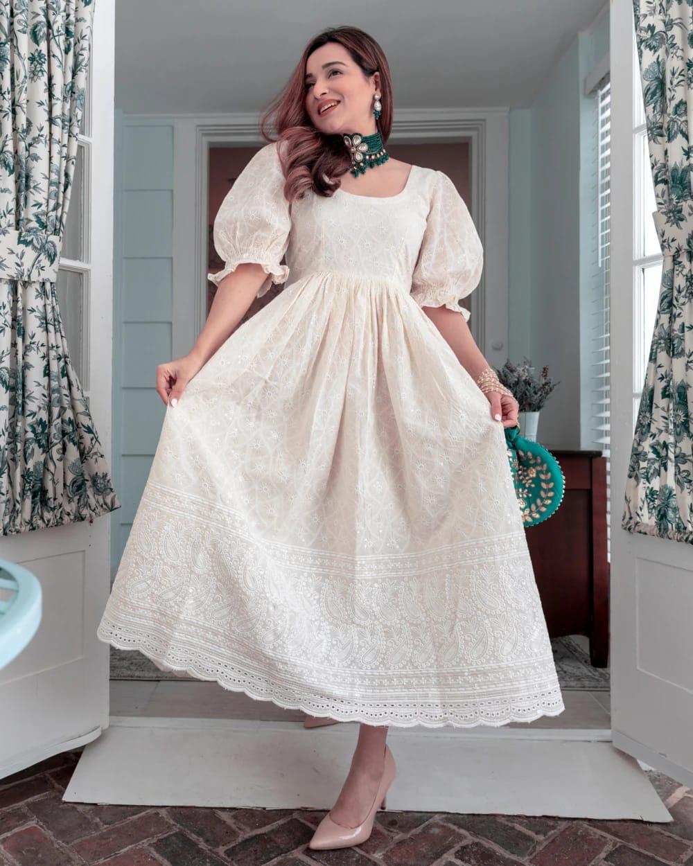 summer respite  Off white luckhnawi chikankari cotton silhouette dress with swarovski sequin hanwork and cotton lining attached inside