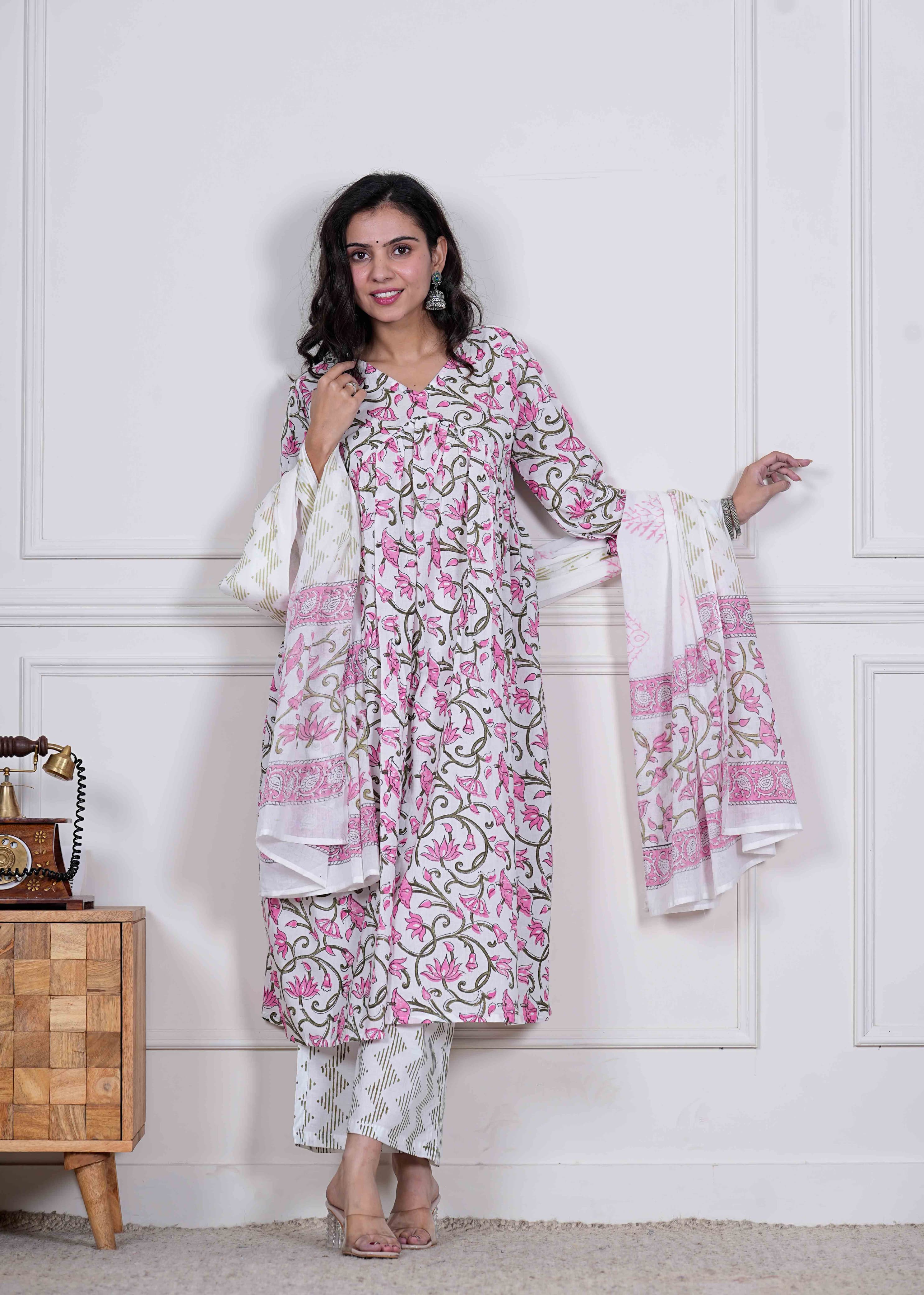 NEW COLLECTION OF  HANDBLOCK PRINTED ANARKALI 3PC SET