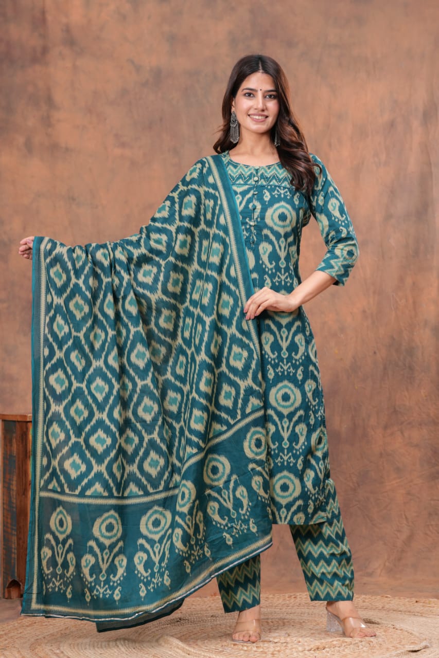 Cotton discharge print kurti pant dupatta sets