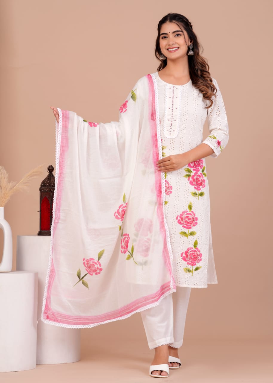 straight chicken shifli work Hand-Painted cotton fabric specailly ethnic designed for you  Heavy premium chicken shifli cotton fabric Kurti with hand printed kurti and Pant and mulmul Dupatta -In very fine Quality Cotton