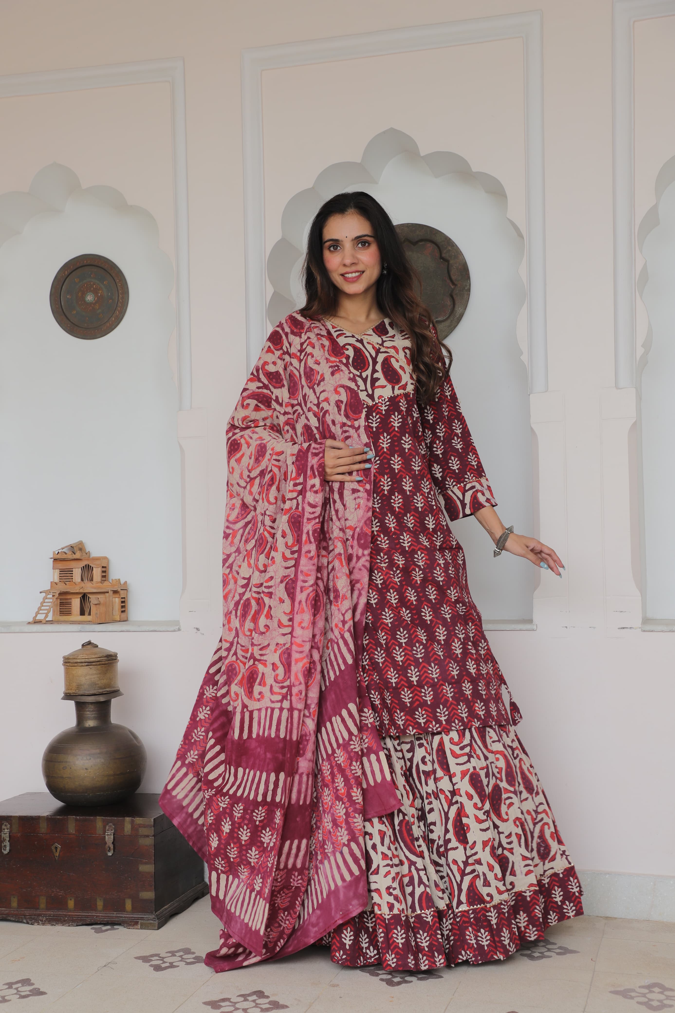 Bagru Hand Block  Printed Collection Designer Long Kurta & Skirt with duppata